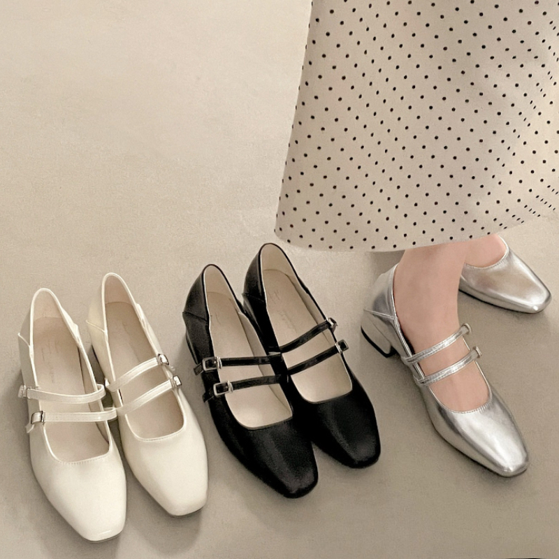 Square Toe Low Heel Women Silv - Leather Classic Strap incelemesi ve fiyatı